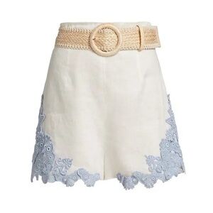 Zimmermann Women's Raie Belted Embroidered Lace Trim Shorts- Ivory Blue